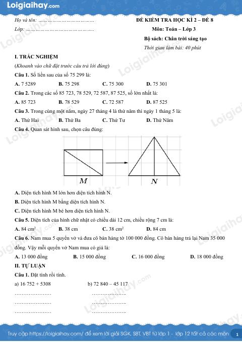 Đề kiểm tra học kì 2 Toán 3 Chân trời sáng tạo - Đề số 8